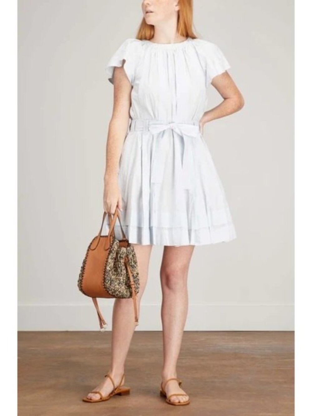 🆕ULLA JOHNSON Mae Mini Dress Sea Glass Blue Cotton Flutter Sleeve Belted 8 - Picture 2 of 12
